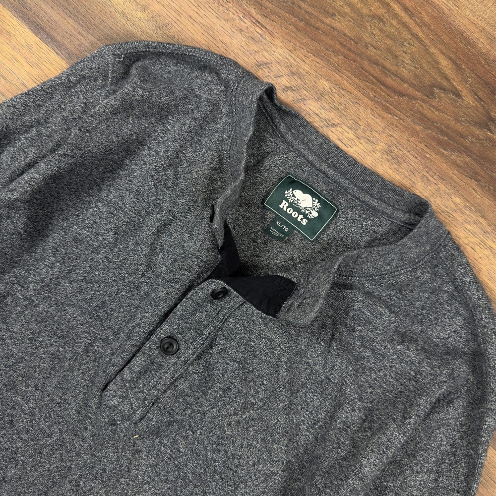 Roots Mens Henley Shirt XL Gray Heathered Long Sleeve Button Neck Casual Top